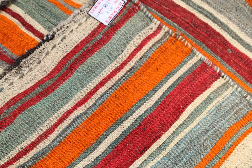 Consigned, Multi Striped Vintage Oriental Flat-Woven Persian Runner Rug 6'x11'