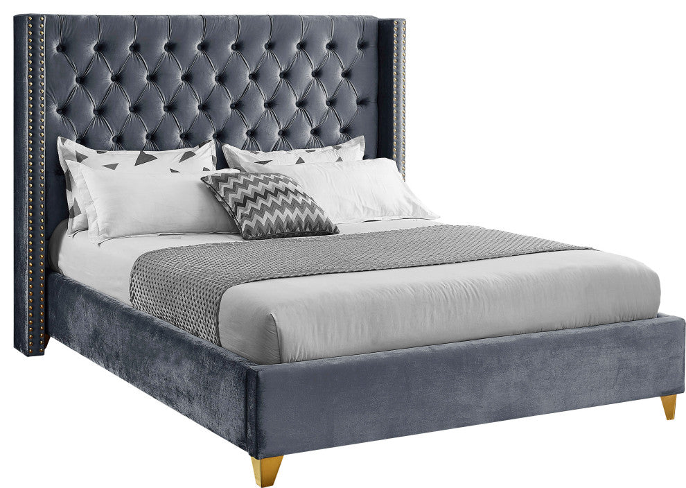 Barolo Velvet Upholstered Bed, Gray, Queen