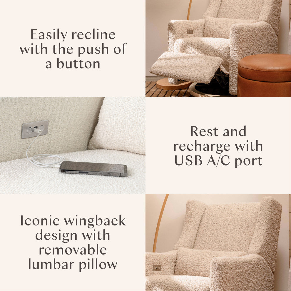 Kiwi Electronic Recliner and Swivel Glider With USB port, Almond Teddy Loop With Light Wood Base