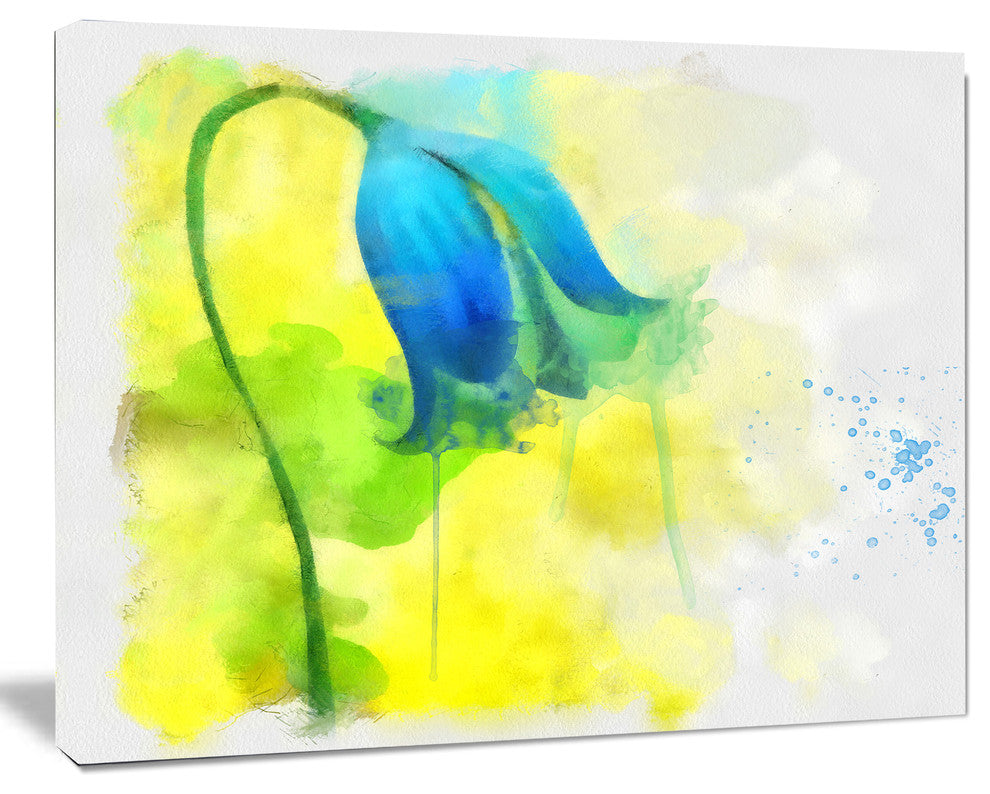 Blue Flower with Yellow Splashes, Large Floral Canvas Artwork, 20"x12"