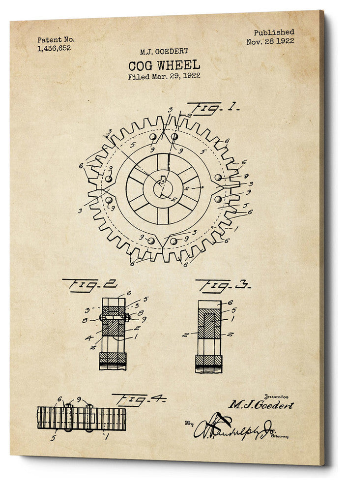 Epic Graffiti "Cog Wheel Blueprint Patent Parchment" Giclee Canvas, 18"x26"