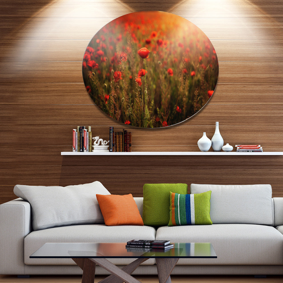 Dense Poppy Field At Sunset, Floral Disc Metal Wall Art, 23"