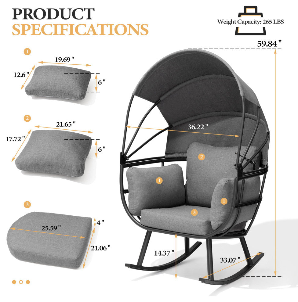 Egg Chair Outdoor Aluminum Rocking Lounge With Folding Canopy in Gray Finish, Gray