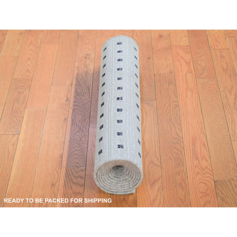 Ivory, Pure Silk With Textured Wool Hand Knotted, Modern Runner Rug, 2'7"x8'1"