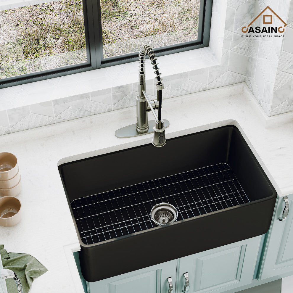 Fireclay 36inch Single Bowl Farmhouse Apron Kitchen Sink with Bottom Grid, 30