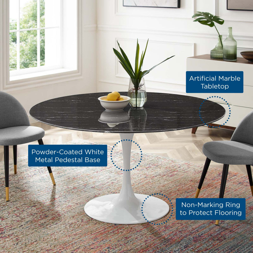 54" Dining Table, Round, Black White, Artificial Marble, Metal, Modern