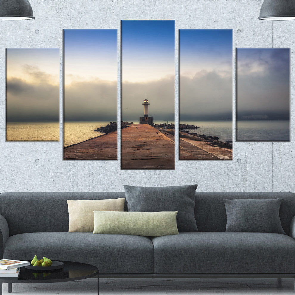 Lighthouse on Coast and Cloudy Sky, Large Modern Canvas Print, 60"x32", 5 Panels
