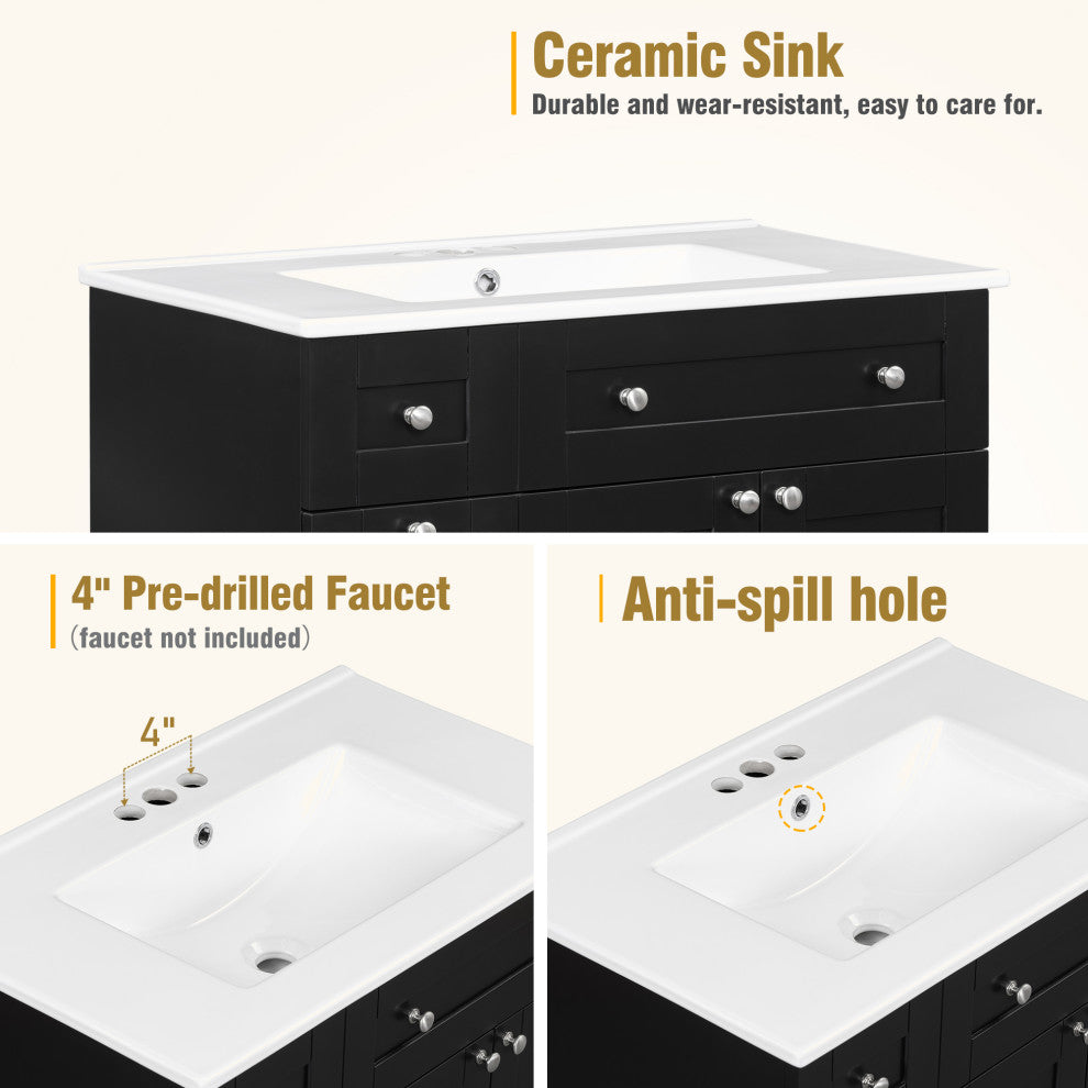 TATEUS 30" Bathroom Vanity with Ceramic Basin Resin Sink, black