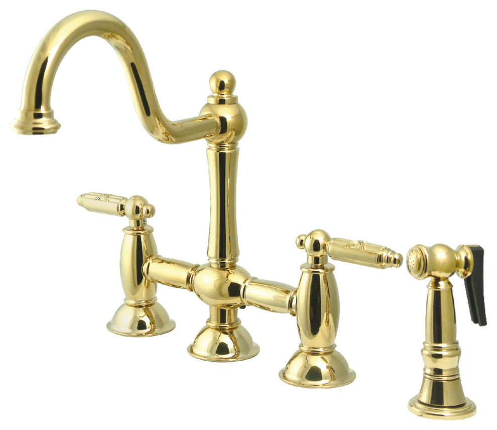 Kingston Brass Bridge Kitchen Faucet With Brass Sprayer, Polished Brass