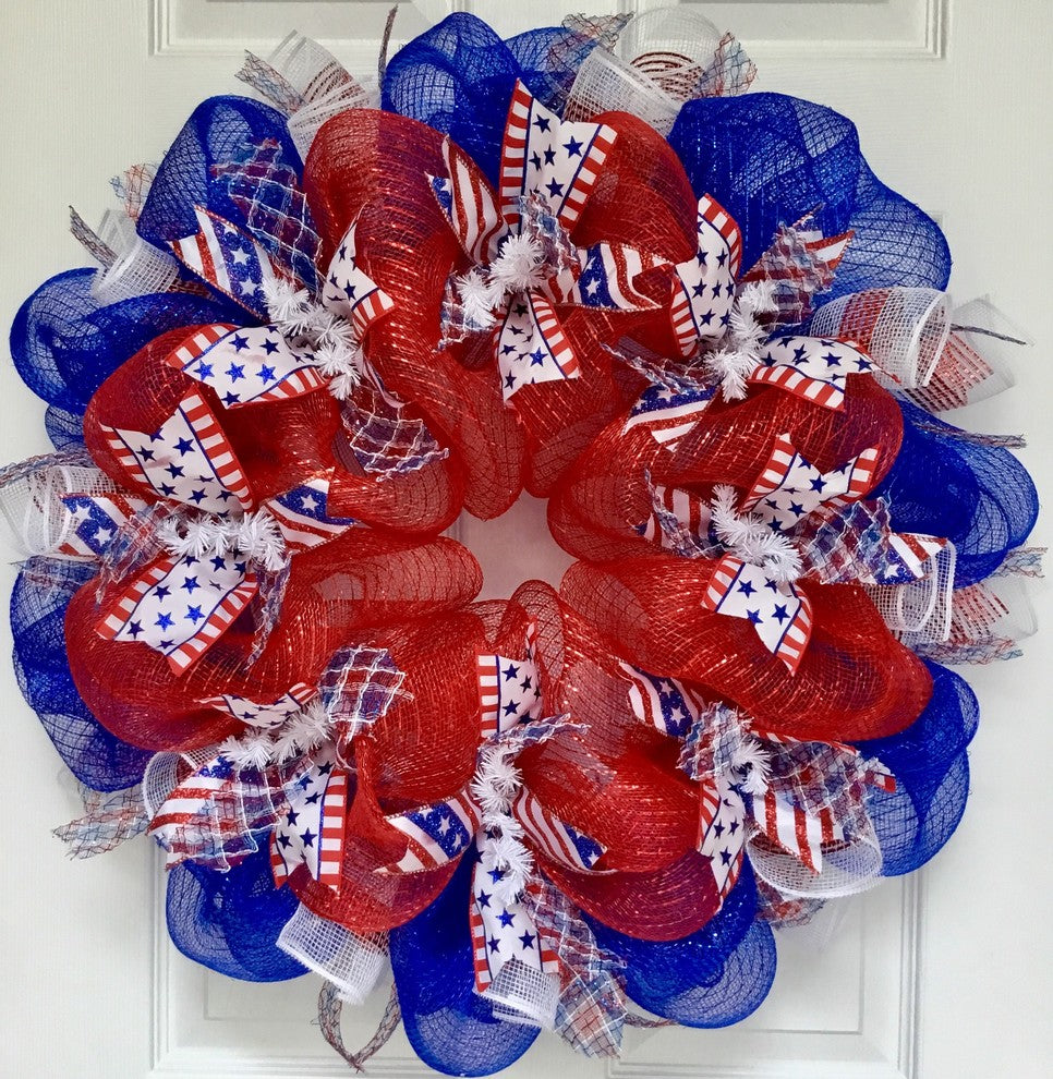 Three Cheers For The Red White And Blue Patriotic Ribbon Deco Mesh Wreath, 28 In