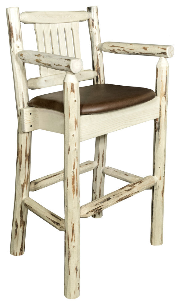 Captain's Barstool, Clear Lacquer Finish With Upholstered Seat, Saddle Pattern