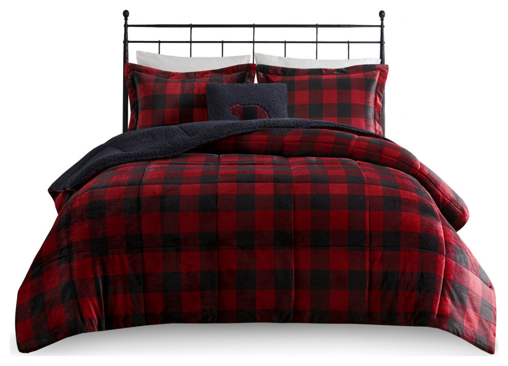 Woolrich Alton Plush to Sherpa Winter Comforter Set, Red Buffalo Check, King