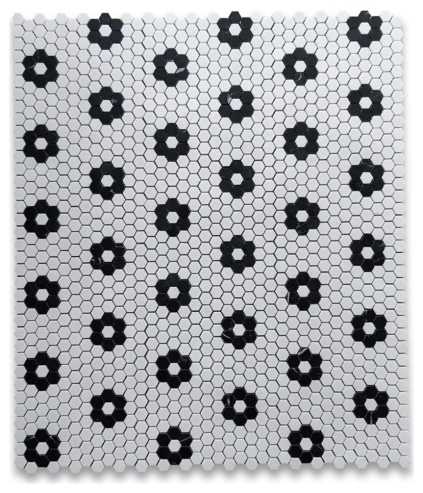 Thassos White Marble Hexagon Rosette Mosaic Tile Nero Marquina Black, 1 sheet
