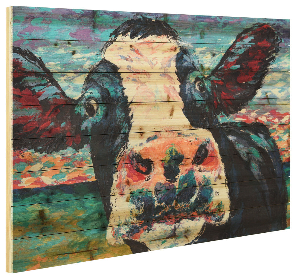 "Curious Cow" Wall Art Digital Print on Solid Wood, 45"x1.5"x30"