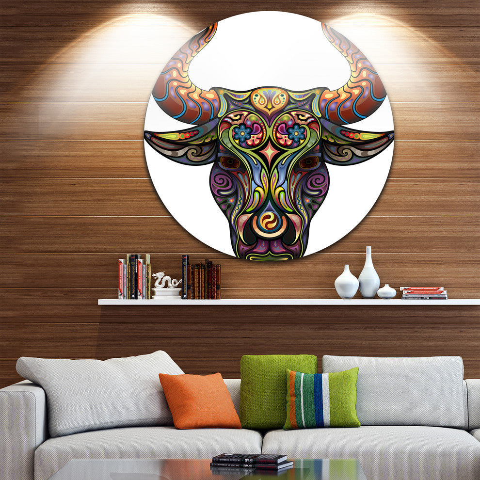 Ornamental Bull, Animal Digital Round Wall Art, 23"