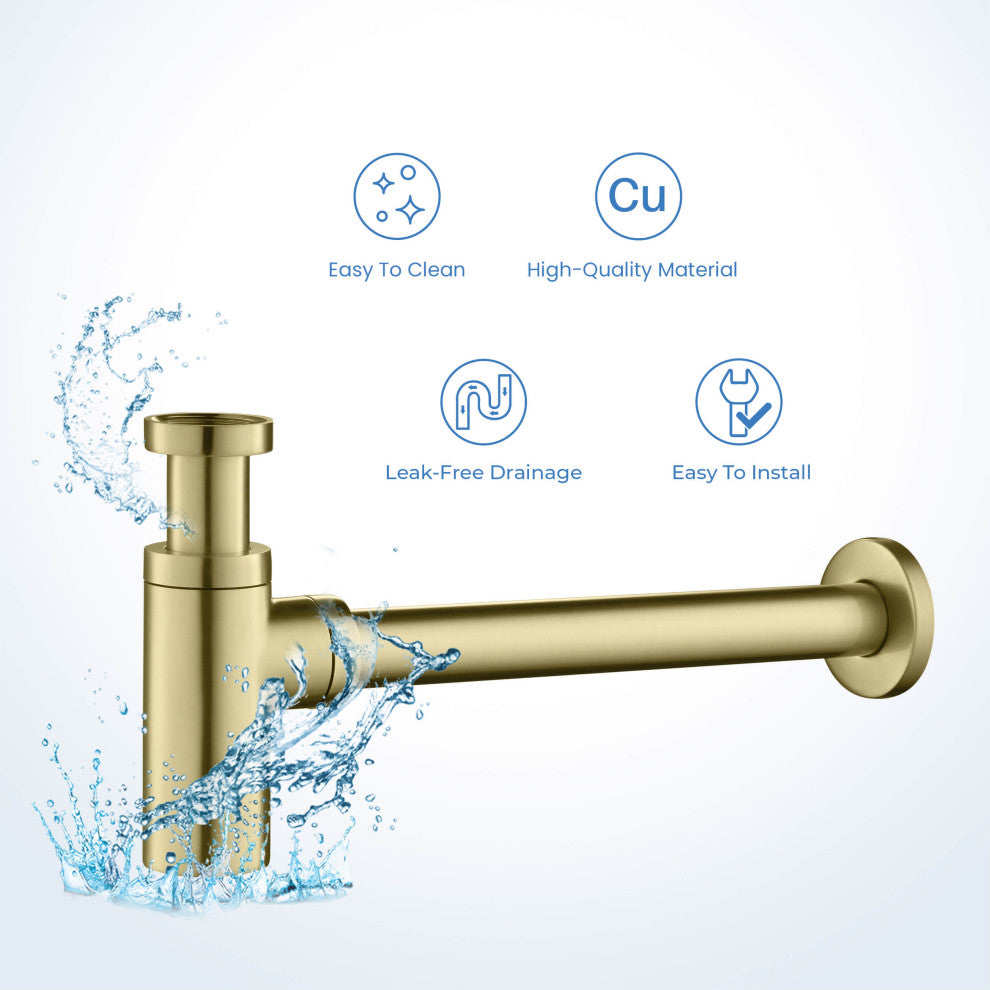 Kibi Bathroom Sink Decorative Round Bottle Trap, Brush Gold