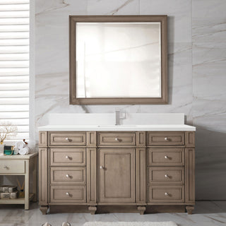 Bristol 60" Single Vanity Whitewashed Walnut, 1-Hole White Quartz, Backsplash