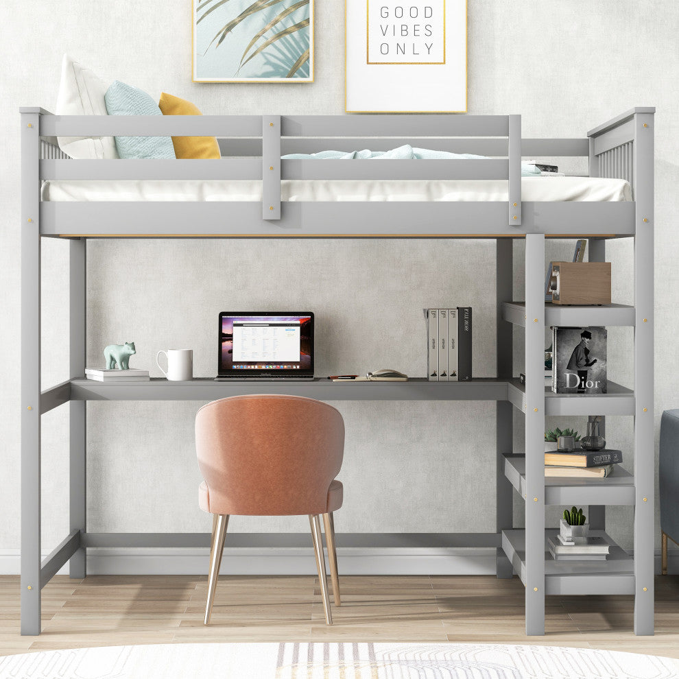 Gewnee Full Size Loft Bed with Storage Shelves and Under-bed Desk