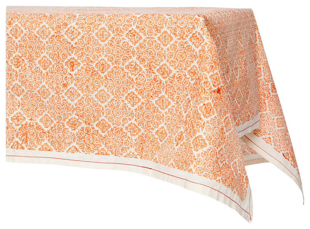 Mosaic Rose Hand Block Printed Table Cloth, Unbleached Cotton