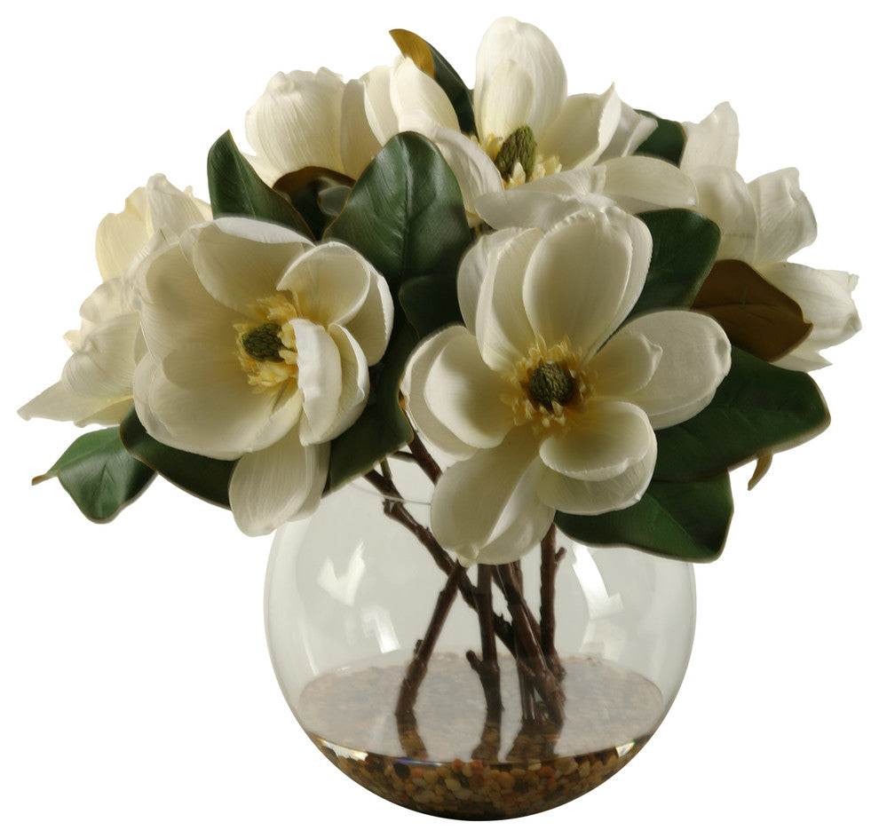 Cream Magnolias in Clear Glass Bubble Bowl