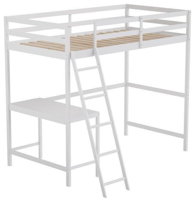 Riley Loft Bed Frame with Desk, Frame, Guard Rails & Ladder for Kids and Teens, White, Twin