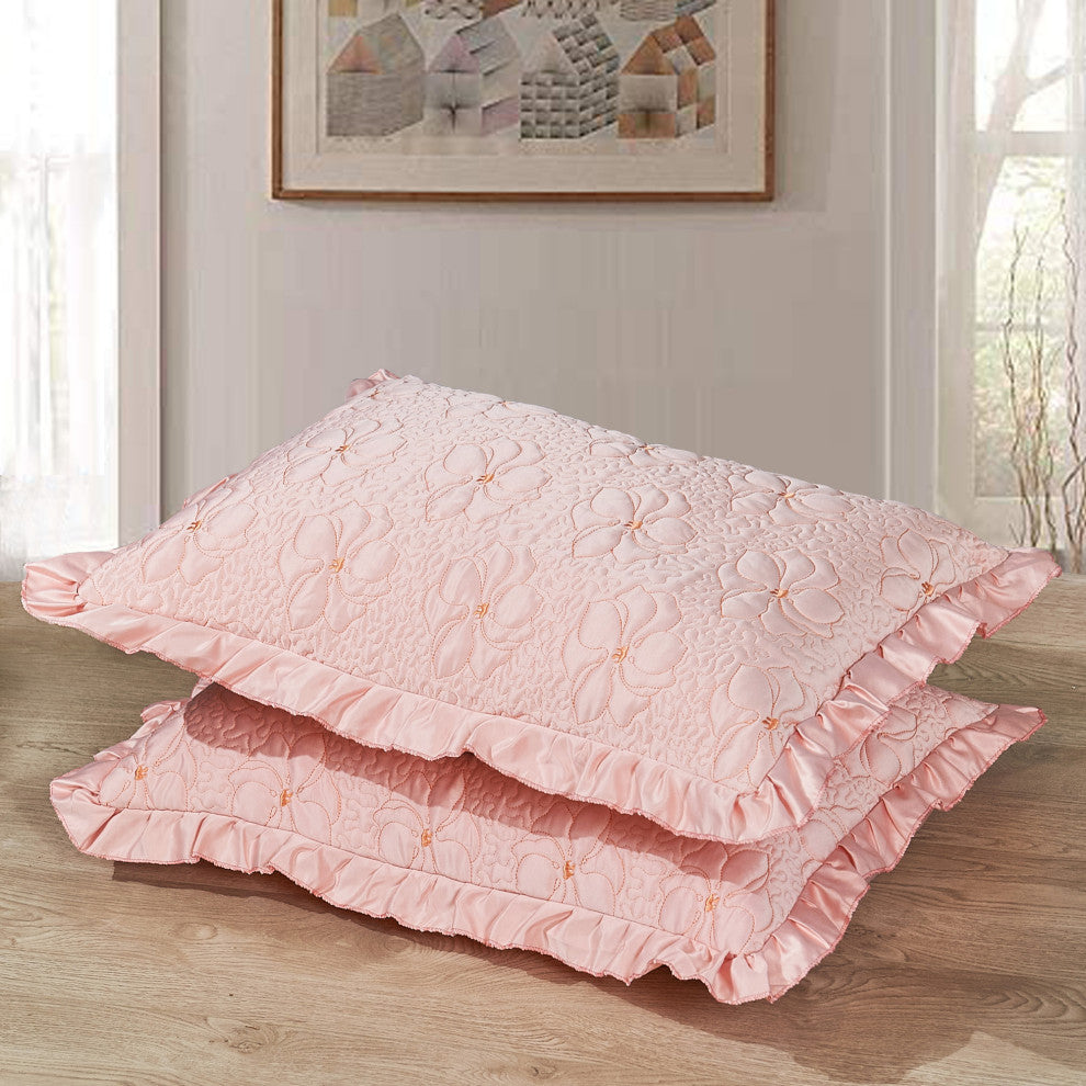 Matte Satin Ruffle 4 Piece Bed Spread Set, Pink, King