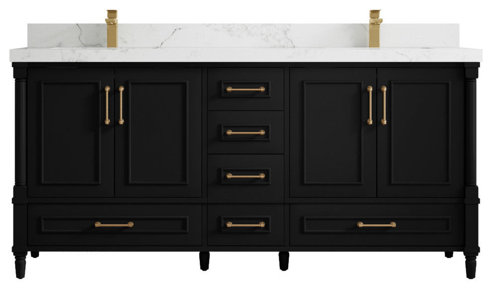 Aberdeen 72 Double Sink Bath Vanity in Black 2" Calacatta Nuvo