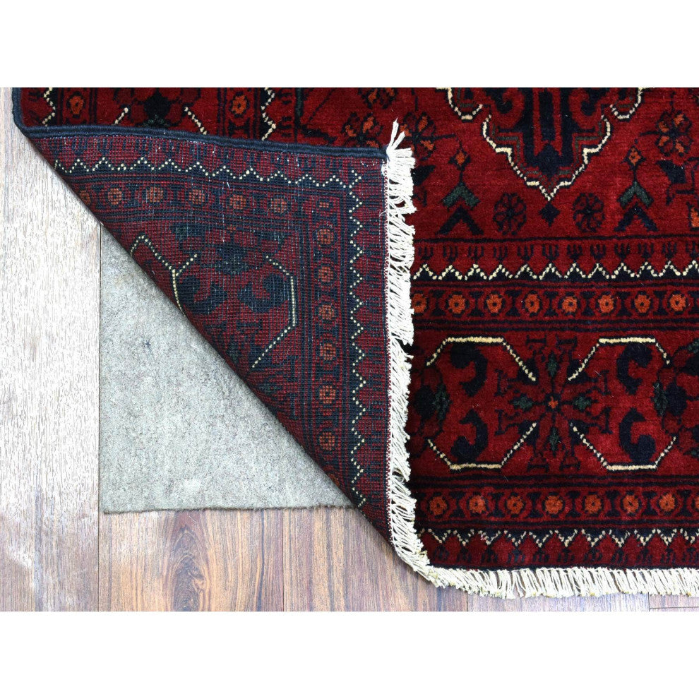 Red Geometric Design Hand Knotted Afghan Khamyab Wool Runner Rug, 3'0"x9'10"