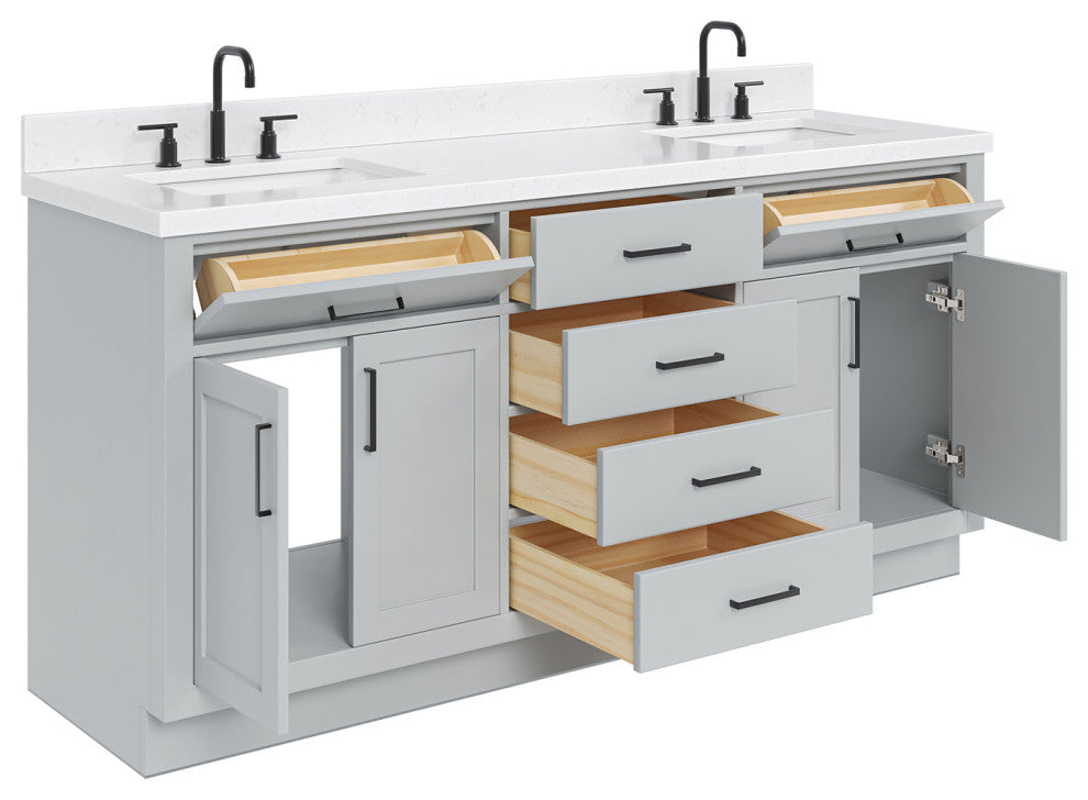 Ariel Hepburn 72" Double Rectangle Sinks Vanity, Carrara Quartz, Gray