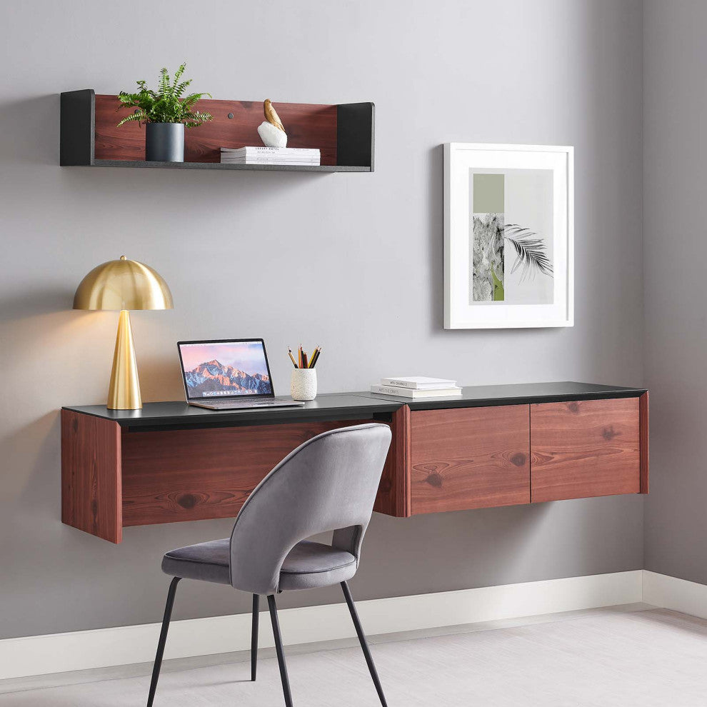 Kinetic 38" Wall-Mount Office Desk With Cabinet and Shelf, Black Cherry