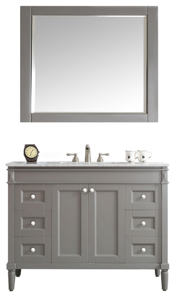 Catania Single Vanity With Carrara White Marble Top, Gray, 48", With Mirror