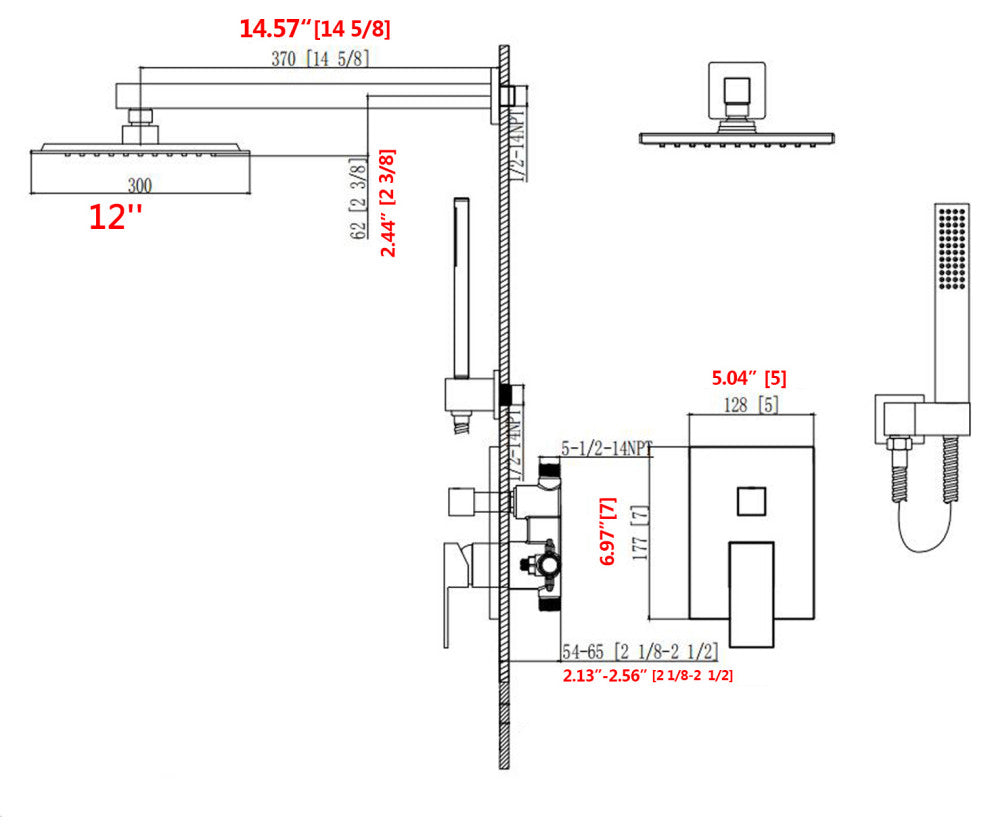 12" Wall Mounted Shower System Shower Combo, Brushed Nickel