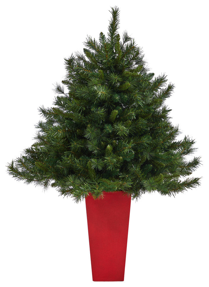 4.5' Wyoming Mixed Pine Faux Xmas Tree W/Lights & Bendable Branches, Planter