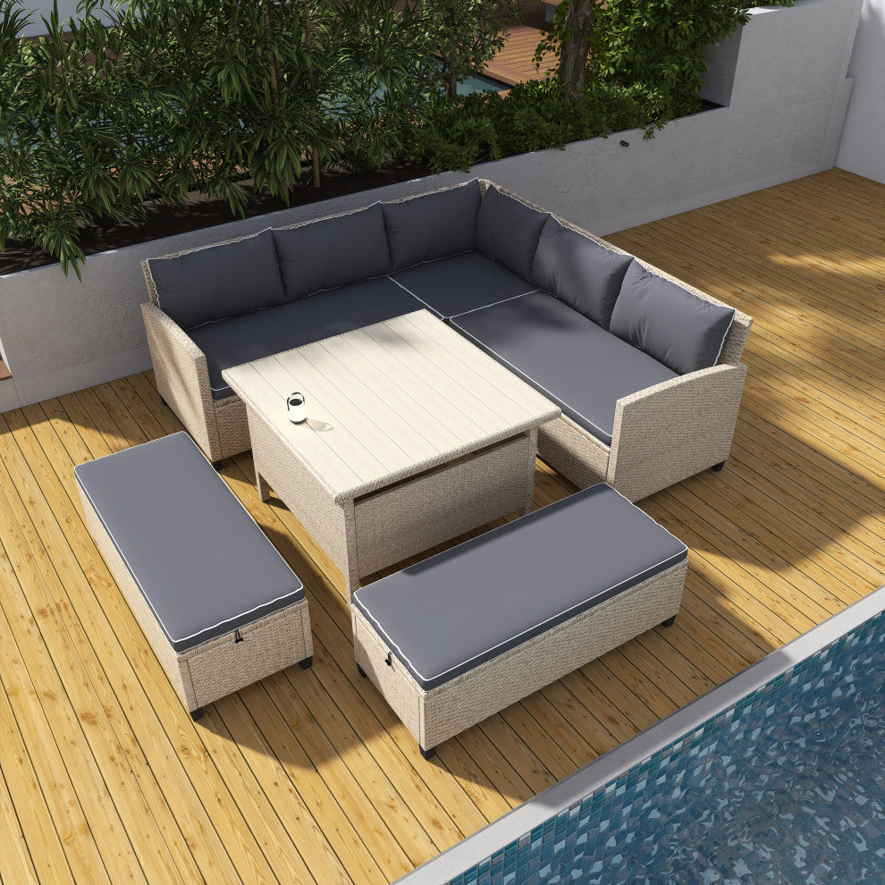 6 Pieces Outdoor Rattan Patio Sectional Sofa With Table and Benches