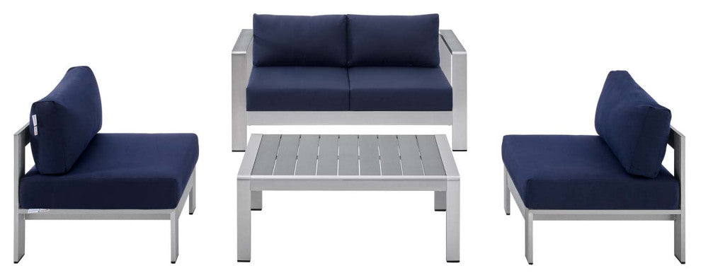 Sectional Sofa Chair Table Set, Sunbrella, Aluminum, Silver Blue Navy, Outdoor