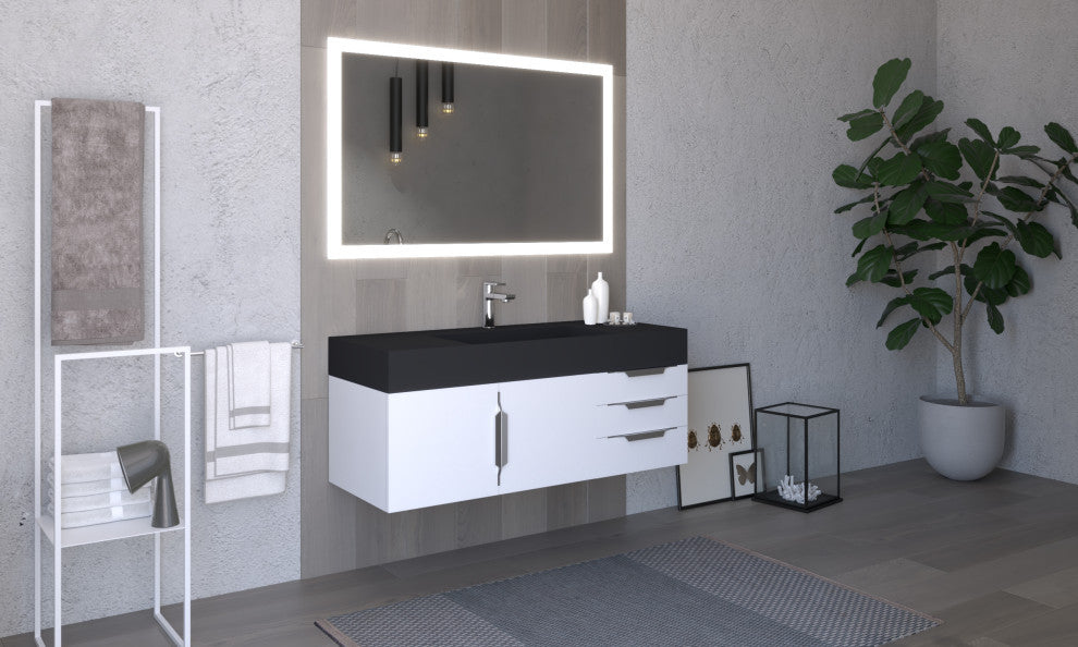 CastelloUSA Amazon 48" Wall Mounted Vanity Set, White, Black Top, Chrome Handles