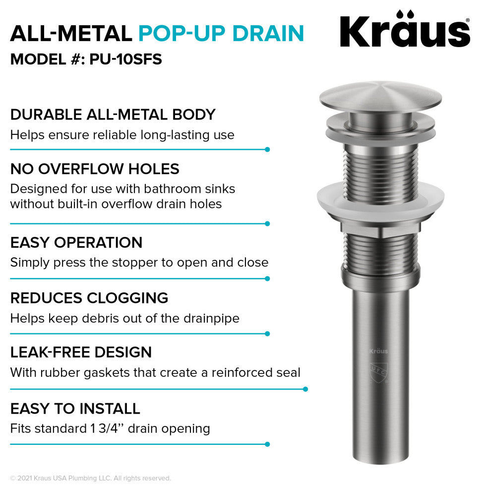 Pop Up Drain, Spot Free Stainless Steel