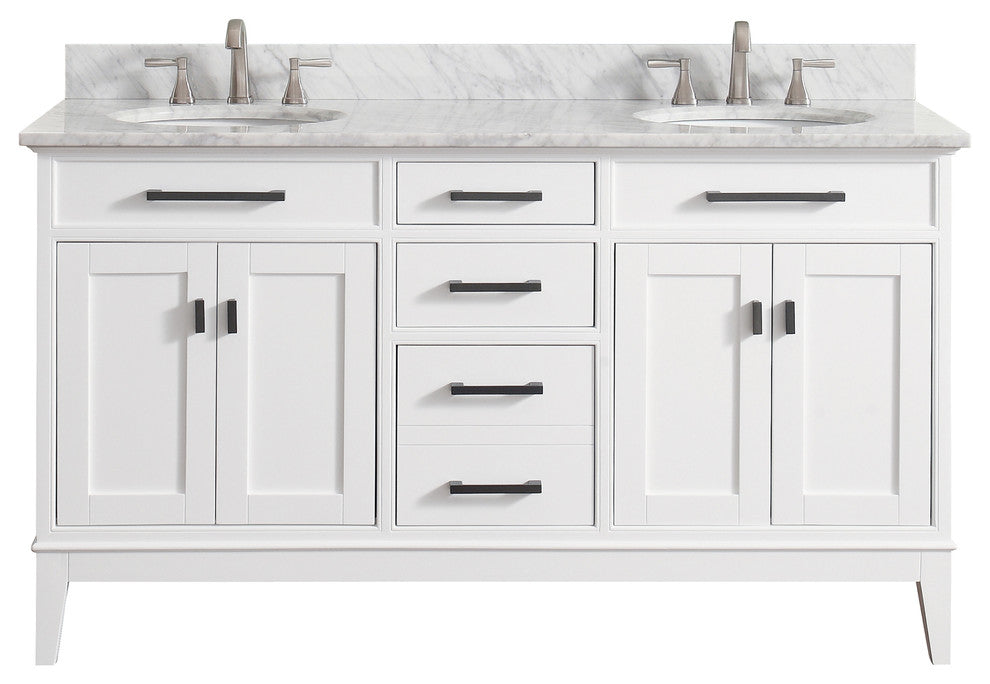 Avanity Madison 61" Double Vanity, White Finish, Carrera White Marble Top