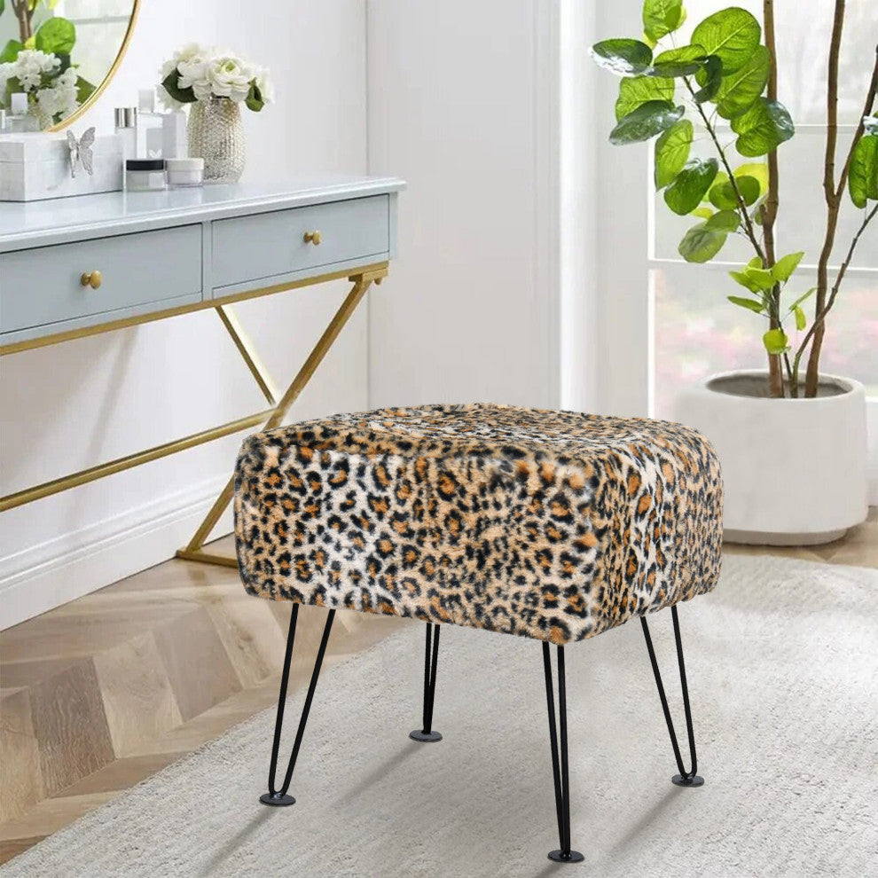 Leopard Faux Fur Ottoman, 17''x17''x17''