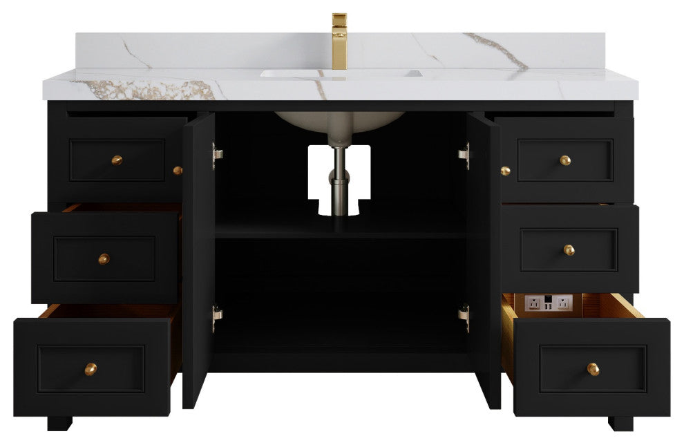 Nashville 60" Single Bathroom Vanity, Black 2" Calacatta Gold