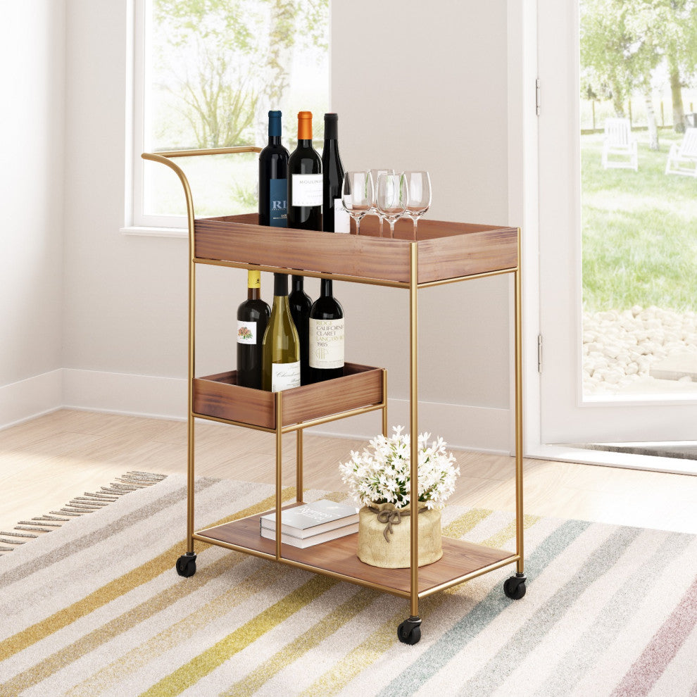 Bar Cart, Steel Metal, Wood, Brown, Gold, Bar Kitchen Pub Cafe Bistro