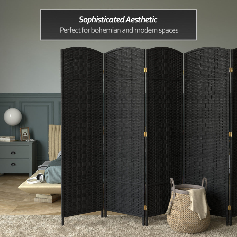 6' Tall Diamond Weave Fiber Room Divider, Black, 6 Panel