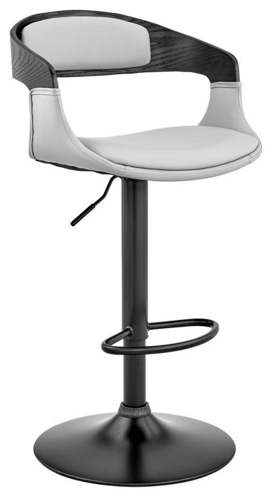 Benson Adjustable Faux Leather and Wood Bar Stool With Metal Base, Gray and Blac