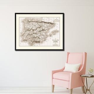 Spain Portugal Sepia Map Print On Canvas With Black Custom Frame, 28" X 37"