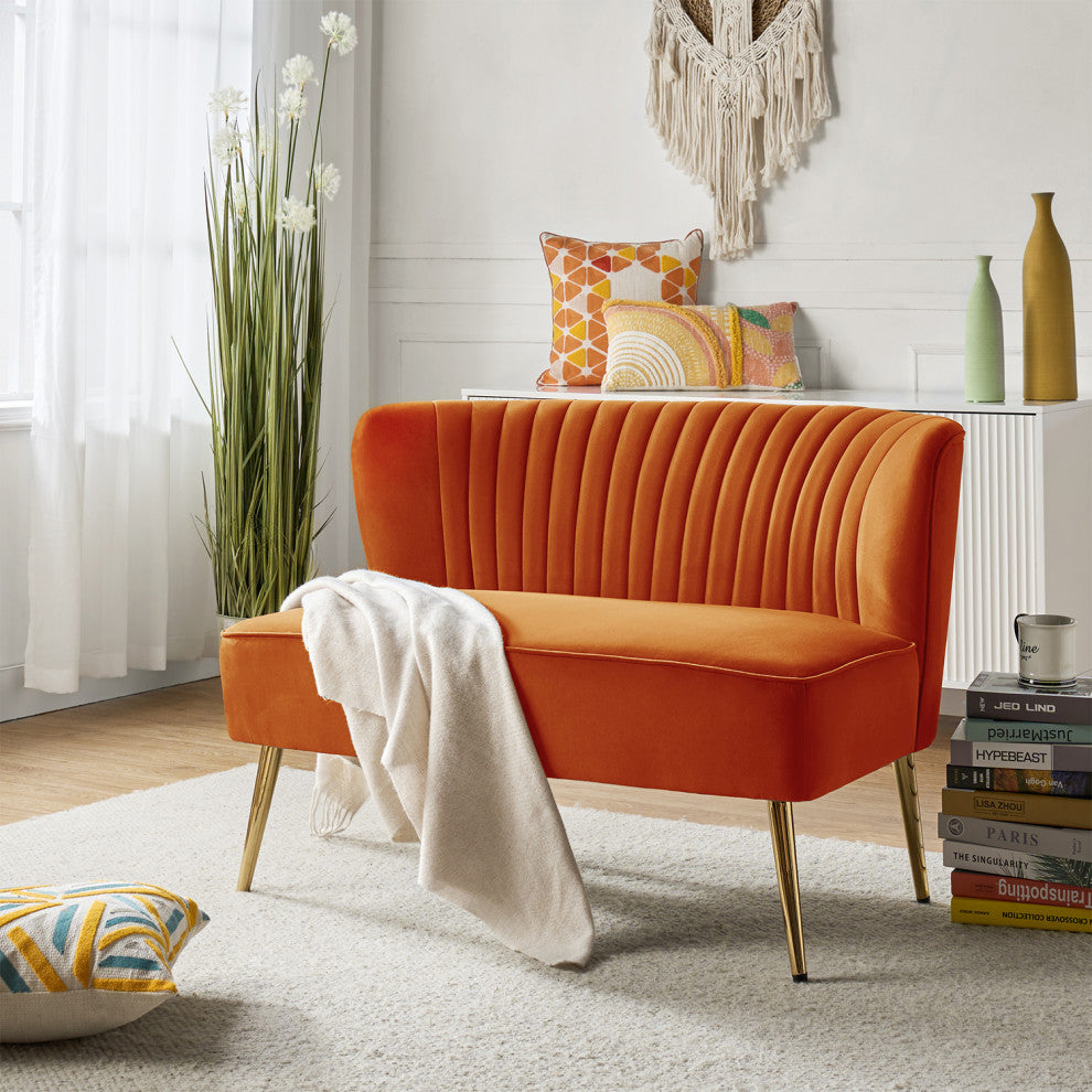 Velvet Tufted Loveseat Sofa With Golden Base, Orange