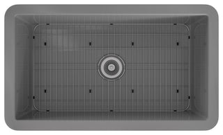 32in Undermount Single Bowl Fireclay Kitchen Sink with Grid and Drainer, Matte Gray