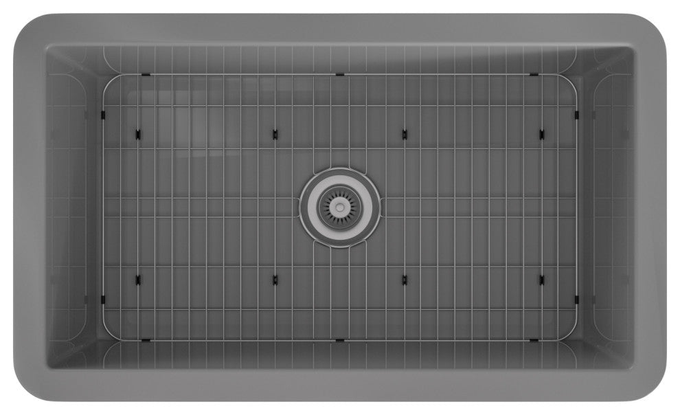 32in Undermount Single Bowl Fireclay Kitchen Sink with Grid and Drainer, Matte Gray