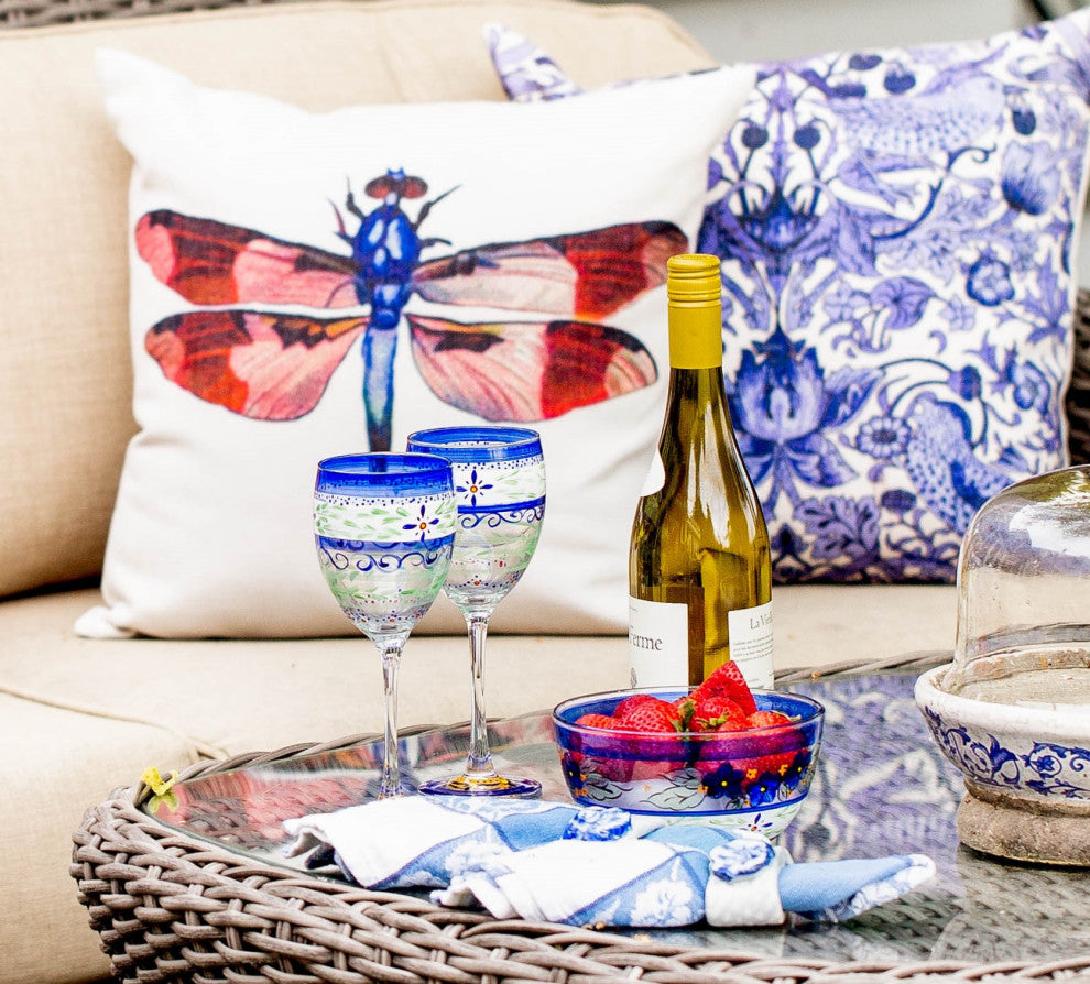 Blue Floral Wine Glasses, Set of 2