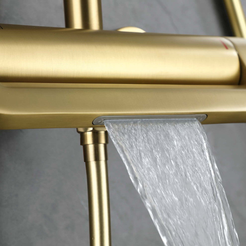 Thermostatic Wall Mounted Shower System with Multi-Function Hand Shower, Brushed Gold