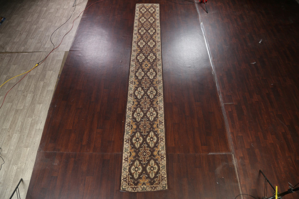 Floral Brown Traditional Oriental Runner Rug Hand-tufted Wool Carpet 3x19